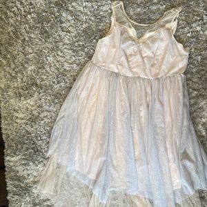 Peach and grey sparky floay dress. Worn for baby shower
